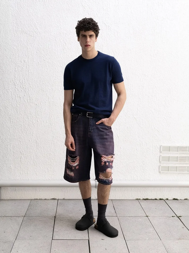 Giesto Burgundy Red GIESTO Destroyed Denim Capri Shorts for Men | Best Price UAE